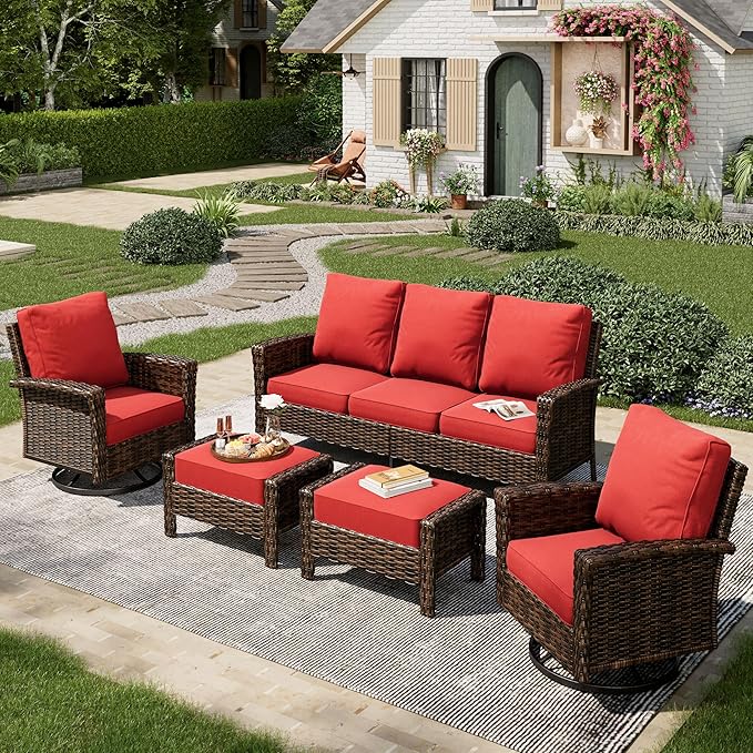 5-Piece Wicker Patio Furniture Set, High Back Outdoor Swivel Chairs with Comfy Ottoman, 5.5-inch Thick Cushion, All-Weather Wicker Patio Conversation Set for Deck Yard Pool, Red