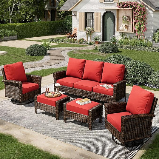 5-Piece Wicker Patio Furniture Set, High Back Outdoor Swivel Chairs with Comfy Ottoman, 5.5-inch Thick Cushion, All-Weather Wicker Patio Conversation Set for Deck Yard Pool, Red