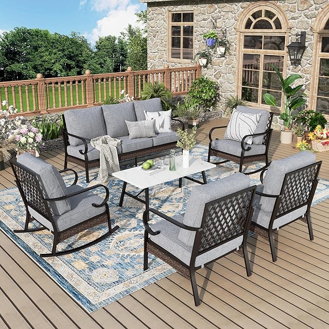 Patio Furniture Set with Coffee Table, Outdoor Conversation Set with 2 x Fixed Chairs, 2 x Rocking Chairs, 1 x 3-Seat Sofa for Lawn Garden Backyard, Grey