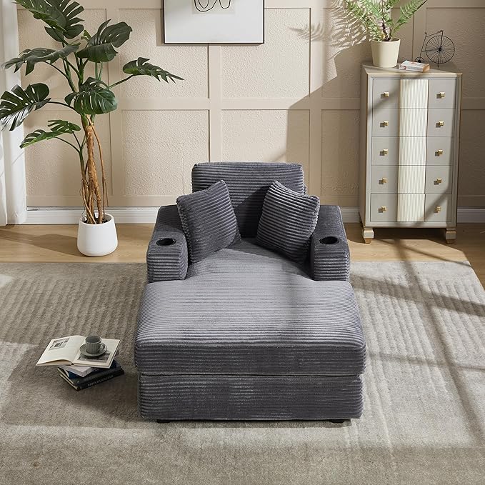 KEIKI Oversized Accent Chair with Ottoman, Chaise Lounge Chair Indoor with Cupholders, Oversized Sofa Bed, Deep Seat Sleeper Couch Reading Chairs for Living Room, Gray