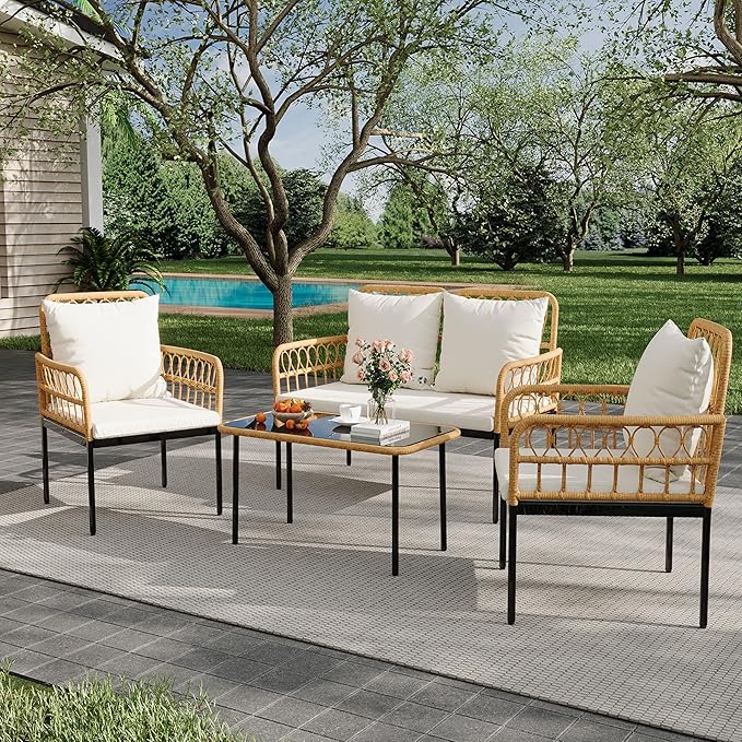 4 Pieces Outdoor Patio Furniture Set with Table - Rattan Balcony Furniture for Porch or Deck, Includes Chaise Lounge, 2 Armchairs with Cushions and Pillows for Porch Backyard Lawn Poolside Deck, Beige