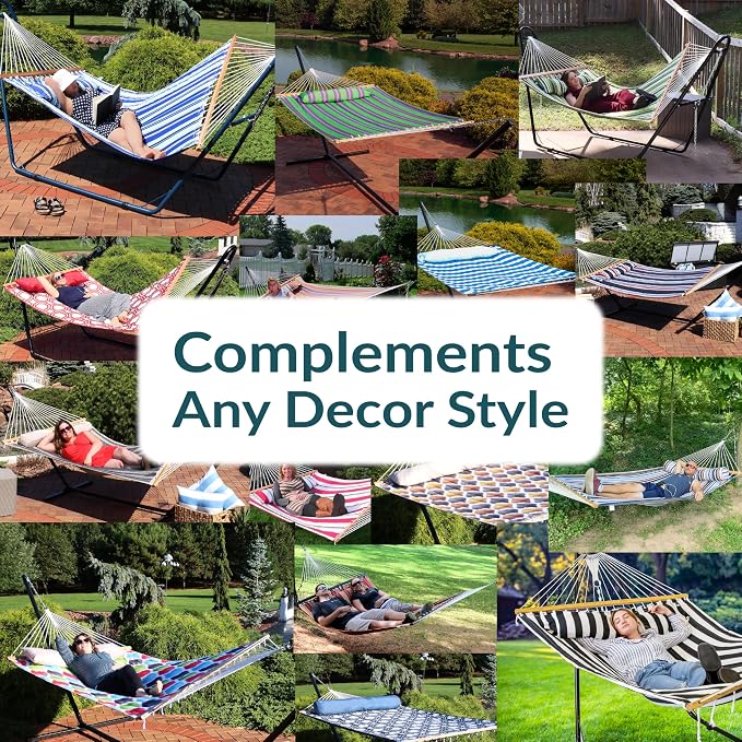 Sunnydaze Double Quilted Fabric Hammock with Universal Steel Stand - 450-Pound Capacity - Black Stand - Mountainside - Image 6