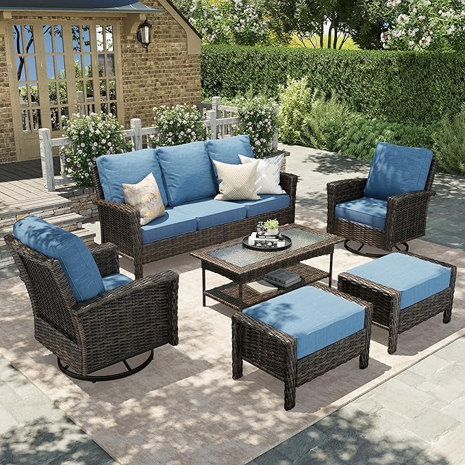 HERA'S HOUSE High Back Patio Furniture Set with Swivel Chairs, All Weather Outdoor Wicker Sofa Set, 6 Pieces Patio Conversation Sets with 5.5" Comfy Cushions for Lawn Deck Backyard, Navy Blue