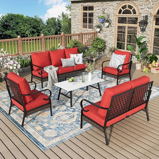 Patio Furniture Set with Coffee Table, Outdoor Conversation Set with 2 x Fixed Chairs, 1 x 2-Seat Sofa, 1 x 3-Seat Sofa for Lawn Garden Backyard, Red
