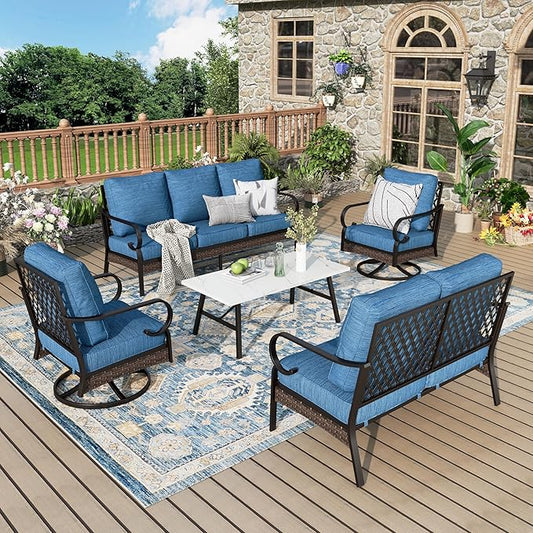 Patio Furniture Set with Coffee Table, Outdoor Conversation Set with 2 x Swivel Chairs, 1 x 2-Seat Sofa, 1 x 3-Seat Sofa for Lawn Garden Backyard, Pacific Blue
