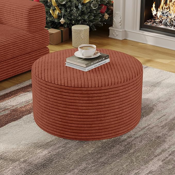 Round Coffee Table 32" Ottoman for Corduroy Cloud Sectional Couches in a Box Memory Foam Compressed Pouf Footstool Rest for Living Room, Bedroom, Makeup Room No Assembly Require (Orange, 32")