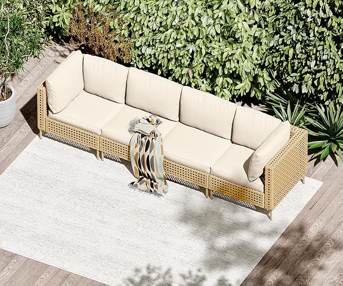 LHBcraft 4 Piece Wicker Patio Furniture Set Boho, Modular Outdoor Couch, Outdoor Conversation Set Sectional Sofa with Water Resistant Fluffy Cushions and Coffee Table, Beige