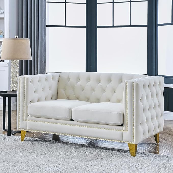 KEIKI Tufted Velvet 2 Seat Sofa Couch for Living Room, Buttons Tufted Square Arm Couch for Home Apartment, Beige