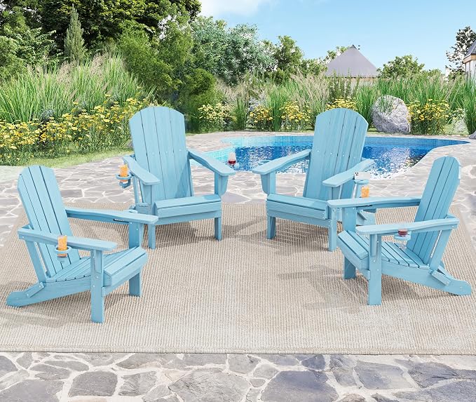 SERWALL Adirondack Chair with Cup Holders - Composite Adirondack Chairs Set of 4 HDPE Outdoor Chairs All Weather Use- Light Blue by SERWALL