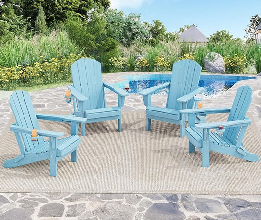 SERWALL Adirondack Chair with Cup Holders - Composite Adirondack Chairs Set of 4 HDPE Outdoor Chairs All Weather Use- Light Blue by SERWALL