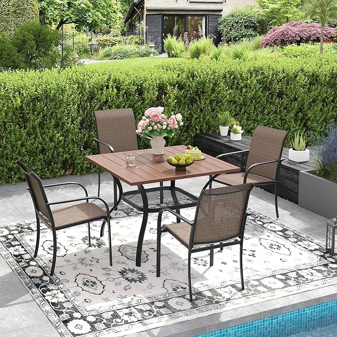 DIFY 5 Pieces Outdoor Dining Table Chair Set, Patio Dining Set with 1 Walnut Square Curved Legs Table with and Umbrella Hole & 4 Brown Stackable with Armrests Chairs for Lawn, Garden, Porch by DIFY