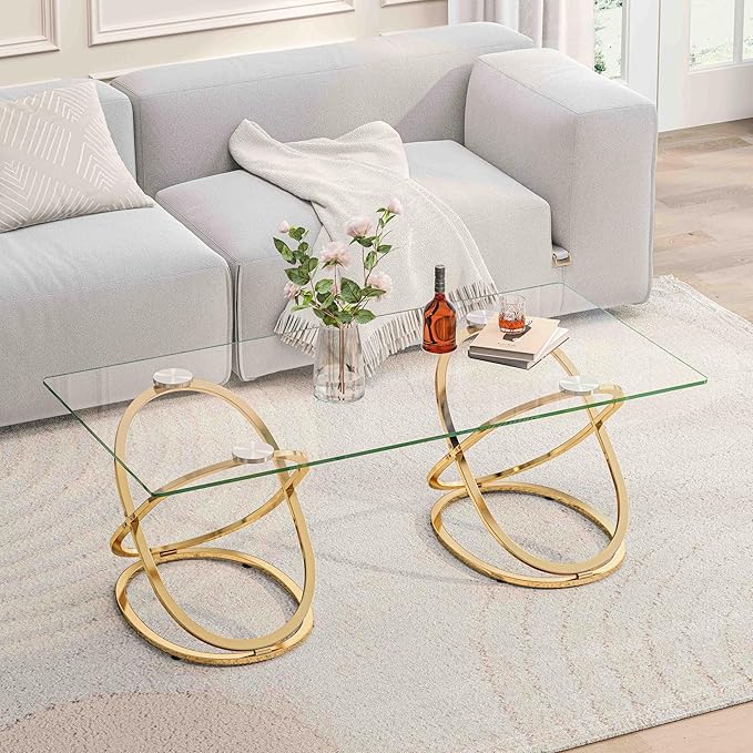 47" Rectangle Coffee Table with Tempered Glass Tabletop, Modern Gold Ring Base, Luxury Living Room Center Table