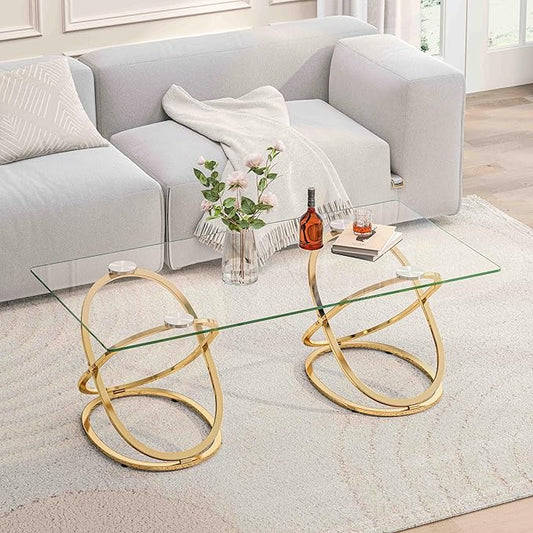 47" Rectangle Coffee Table with Tempered Glass Tabletop, Modern Gold Ring Base, Luxury Living Room Center Table