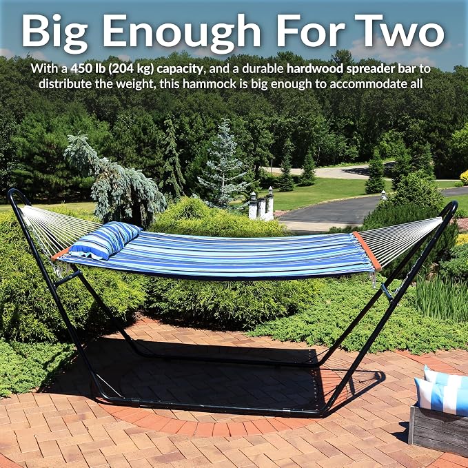 Sunnydaze Double Quilted Fabric Hammock with Universal Steel Stand - 450-Pound Capacity - Black Stand - Misty Beach - Image 4