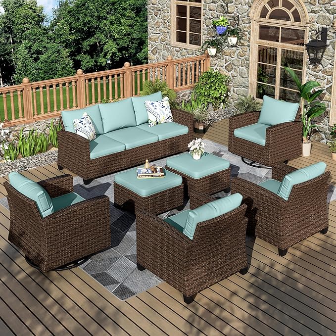 Patio Furniture Set, 7 Pcs Wicker Rattan Outdoor Conversation Set, 2 x Leg Chairs, 2 x Swivel Chairs, 1 x 3 Seater Sofa and 2 x Ottoman with 4" Thick Cushion for Garden Backyard Deck, Blue