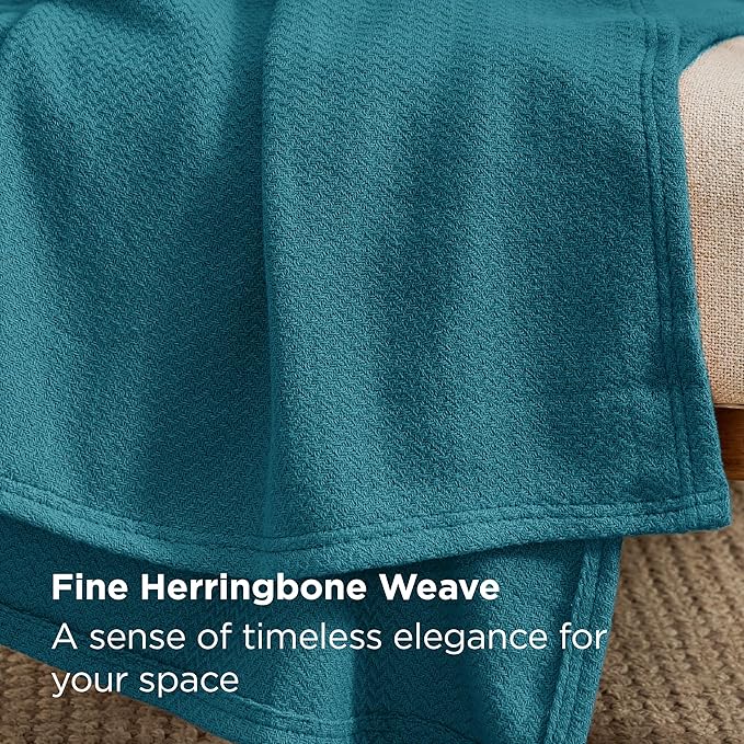 Bedsure GentleSoft 100% Cotton Blanket Twin XL Size for Bed - Breathable and Lightweight, Soft Cozy Textured Herringbone Woven Summer Blanket for College Dorm, Teal, 66x90 inches