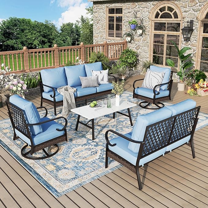 Patio Furniture Set with Coffee Table, Outdoor Conversation Set with 2 x Swivel Chairs, 1 x 2-Seat Sofa, 1 x 3-Seat Sofa for Lawn Garden Backyard, Blue