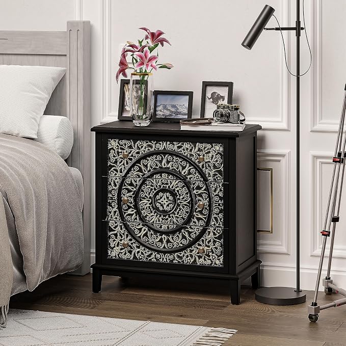 COZAYH 3-Drawer Fully-Assembled Flower Motif Dresser Set of 2 for French Country, Modern, Rustic Style, Distressed Finish, Gold & Black - Image 5