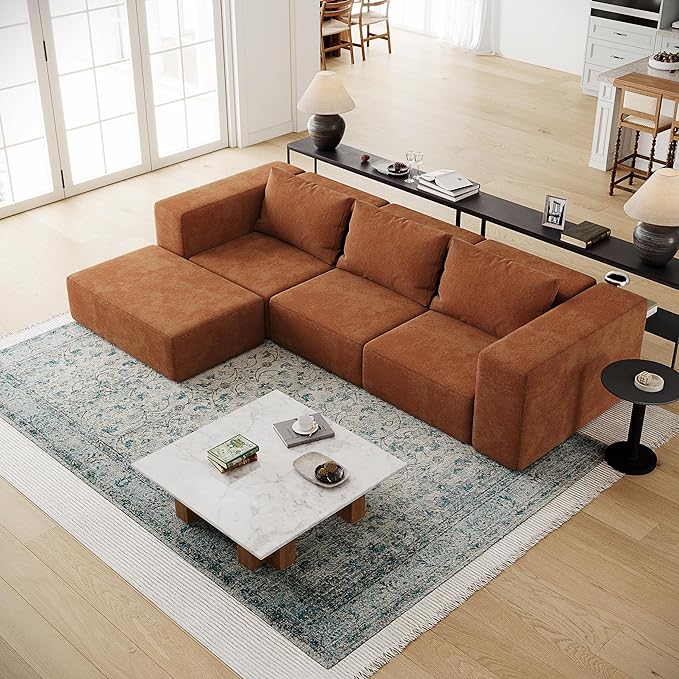 Acanva Oversized Modular Sectional Sofa with Removable Washable Slipcovers, Modern Low Profile Deep Seat Couch for Living Room, Chenille-Tangerine, 3 Armless Chairs & 3 Armrests/Ottomans