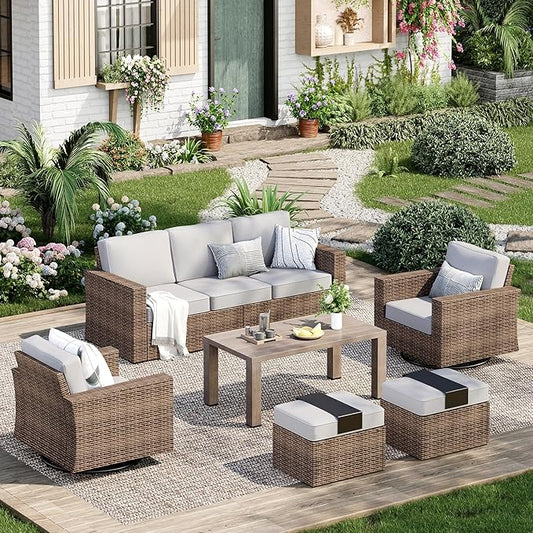 Patio Furniture Set, 6 Pieces Outdoor Furniture Sets, Wicker Conversation Set with Swivel Rocker Chairs, Ottomans and 47'' Coffe Table, High Back Conversation Set for Garden Pool Porch, Grey