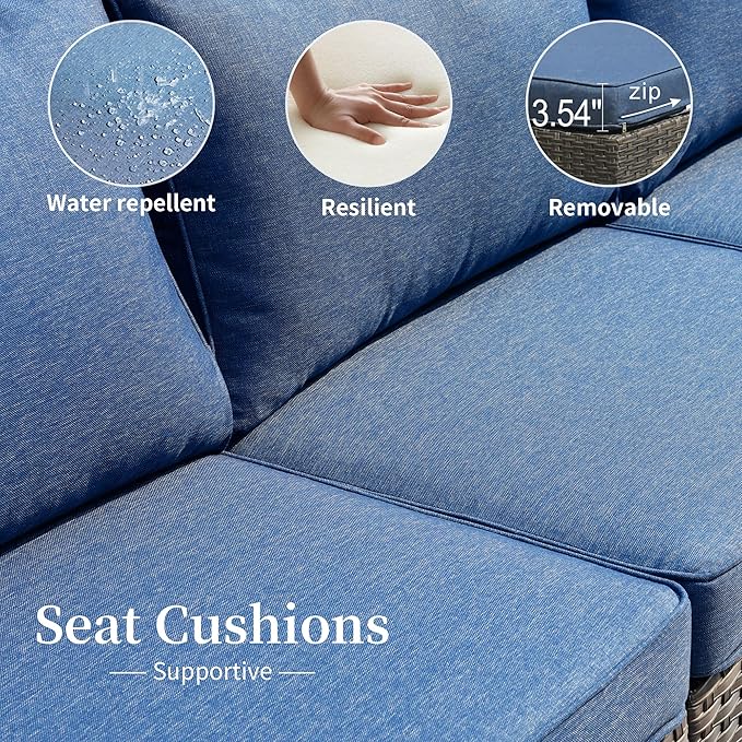 HOOOWOOO 13 Piece Patio Sectional Furniture Set with Fire Pit Table,Modern Wicker Outdoor Conversation Sofa Sets,All Weather Modular L Shaped Outside Couch Swivel Chair Set(Denime Blue)
