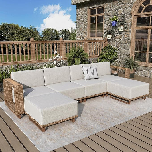 Outdoor Patio Furniture Set, 6 Piece Outdoor Rattan Wicker Sofa Patio Couch Set, Sectional Modular Outdoor Conversation Sets with 10" Extra Thick Cushions