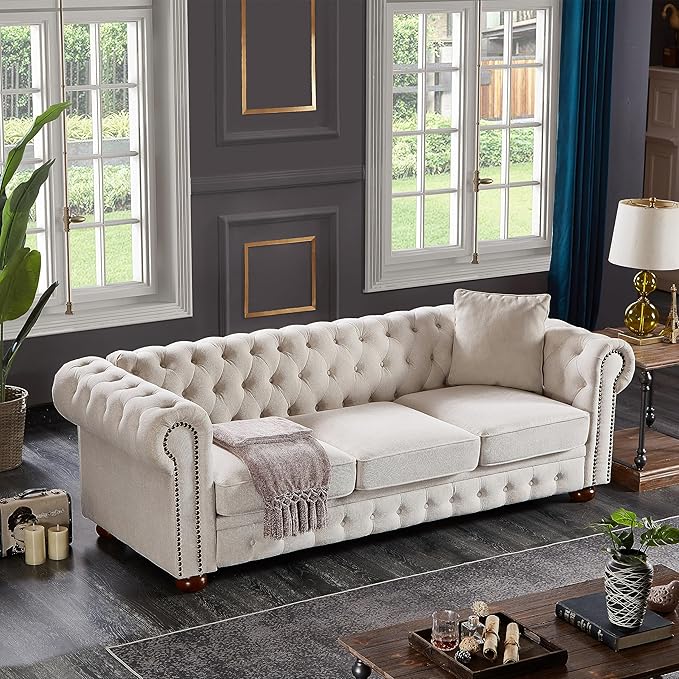 ERYE 88-Inch Classic 3 Seat Chesterfield Sofa Couches for Living Room Bedroom, 3 Seaters Button Tufted Linen Fabric Upholstered Chesterfield Sofa Couch,Wood Legs | Button Tufted, Easy to Assemble, Nailhead, Removable Cushion
