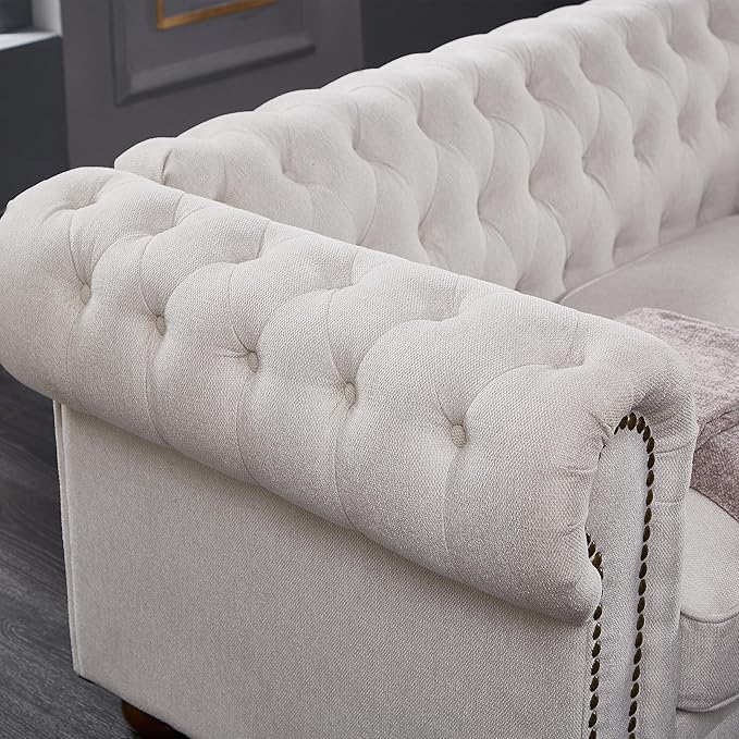 ERYE 88-Inch Classic 3 Seat Chesterfield Sofa Couches for Living Room Bedroom, 3 Seaters Button Tufted Linen Fabric Upholstered Chesterfield Sofa Couch,Wood Legs | Button Tufted, Easy to Assemble, Nailhead, Removable Cushion
