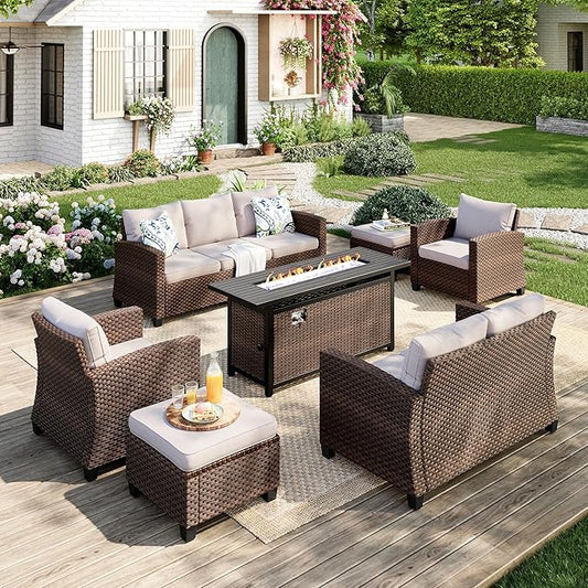 Patio Furniture Set, 7 Pcs Wicker Outdoor Conversation Set, 2 x Leg Chairs, 1 x 3 Seater Sofa, 1 x 2-Seat Lover Sofa and 2 x Ottomans with 4" Thick Cushion and 56" Fire Pit Table, Beige