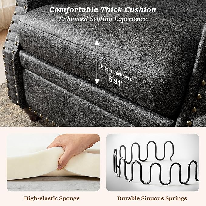 Single Sofa Chair, Faux Leather Nailhead Armchair, Rolled Arm Accent Chair for Living Room, Wood Legs, Traditional Single Couch Chair for Apartment, Farmhouse (Black, Set of 1)