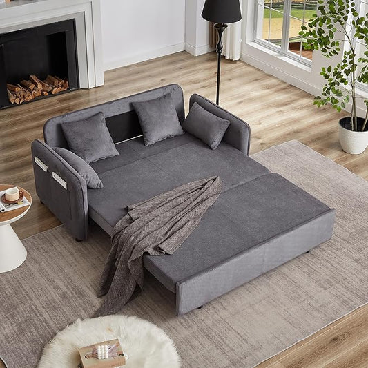 Ball & Cast 66" Convertible Sofa Bed,3-in-1 Corduroy Loveseat Sleeper Pull Out Couch Bed with Pillows and Side Pockets, Deep Seat Comfy Sofa Couches for Living Room,Apartment,Grey