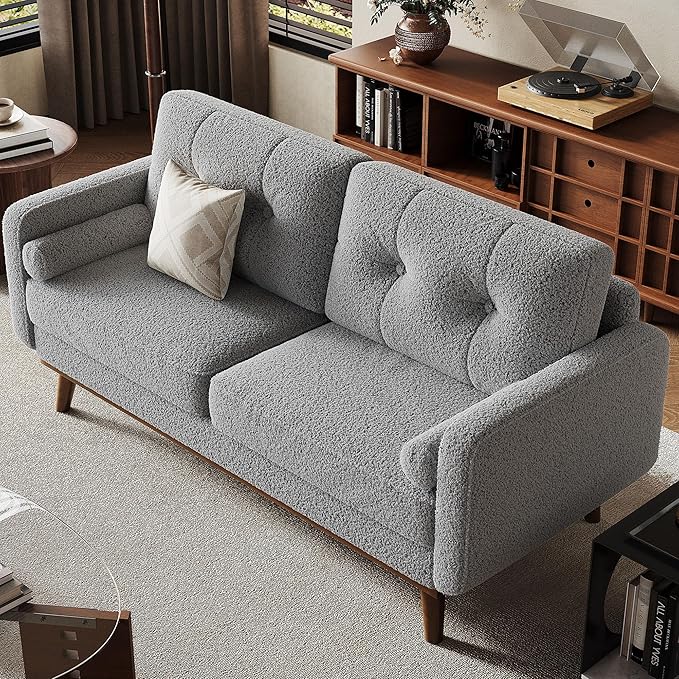 Garvee 65 in Mid Century Modern Loveseat Sofa for Small Spaces, 2 Seater Boucle Upholstered Couch with Button Tufted Design & Wood Legs, Small Couch for Living Room, Bedroom, Office, Apartment, Grey