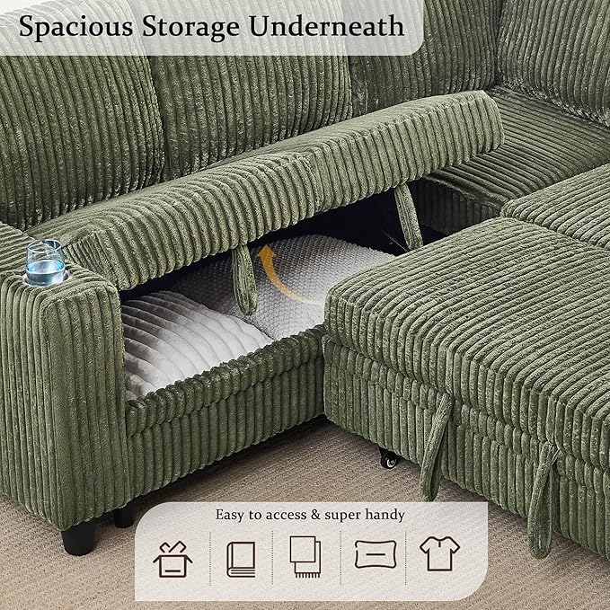 81" Modular Sectional Sofa, L-Shaped Convertible Sectional Sleeper Sofa Bed with Pull Out Bed, Storage Chaise, USB & Type-C Charging, 5-Seat Corduroy Couch for Living Room Apartment, Green