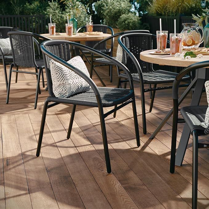 EMMA + OLIVER Set of 4 Modern Rattan Indoor/Outdoor Stack Chairs, Stacking Rattan Patio Chairs with Curved Back and Cross Bracing, Gray - Image 4