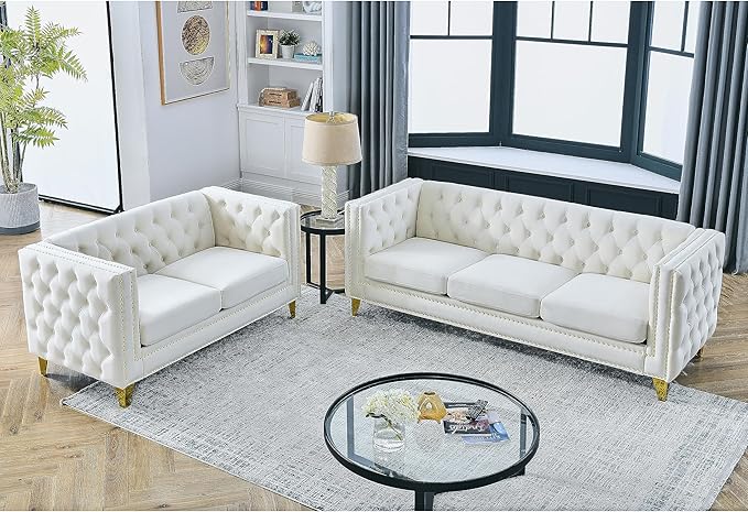 KEIKI Tufted Velvet 3+2 Seat Sofa Couch for Living Room, Buttons Tufted Square Arm Couch for Home Apartment, Beige