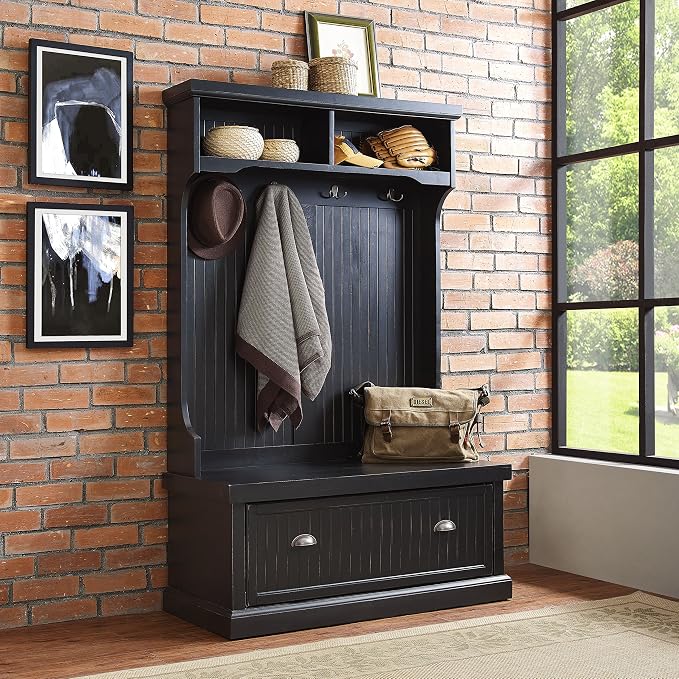 Crosley Furniture Seaside Hall Tree with Shoe Rack Bench and Hooks for Hanging Storage, Distressed Black - Image 5