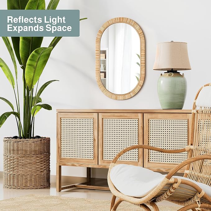 Barnyard Designs Oval Rattan Wall Mirror, Natural Tan Woven Rattan Frame, Indoor Decorative Mirror for Bedroom Living Room Entryway (20" x 30", Oval) - Image 3