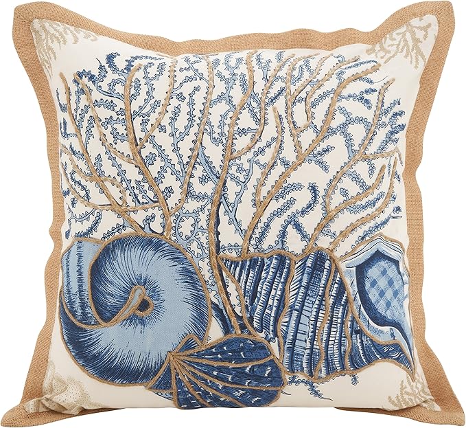 SARO LIFESTYLE Neptunian Coastal Throw Pillow – 20” x 20”, Woven Cotton Cover with Jute Trim, Zipper Closure, Down & Feather Insert – Seashell Medley, Navy Blue