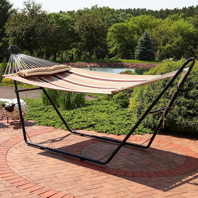 Sunnydaze Double Quilted Fabric Hammock with Universal Steel Stand - 450-Pound Capacity - Black Stand - Sandy Beach - Image 7