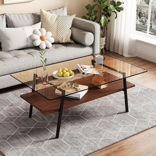 IANIYA Glass Coffee Table for Living Room Small Gold Mid Century Coffee Table for Living Room with Wood Shelves (Black Frame, Brown Glass + Brown Wood)
