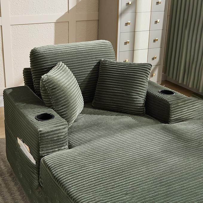 KEIKI Oversized Accent Chair with Ottoman, Chaise Lounge Chair Indoor with Cupholders, Oversized Sofa Bed, Deep Seat Sleeper Couch Reading Chairs for Living Room, Dark Green