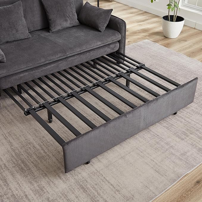 Ball & Cast 66" Convertible Sofa Bed,3-in-1 Corduroy Loveseat Sleeper Pull Out Couch Bed with Pillows and Side Pockets, Deep Seat Comfy Sofa Couches for Living Room,Apartment,Dark Grey