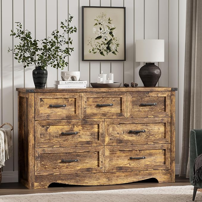 Dresser for Bedroom with 7 Drawers, 48" Wide Wood Chest of Drawers with Deep Drawers & Mental Handle, Modern Dresser TV Stand, Wooden Closet Storage Organizer for Living Room, Hallway, Entryway, Brown - Image 3