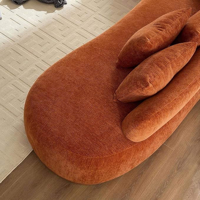 KEIKI 135" L-Shaped Oversized Boucle Sectional Sofa with Left Chaise, Modern 5-Seater Polyester Curved Couch with PU Leather Base, 1 Ottoman & 6 Pillows, No Assembly Required, for Living Room, Orange