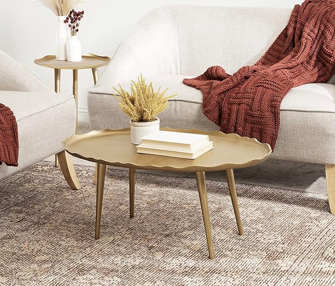Kate and Laurel Alessia Modern Glam Oval Coffee Table, 34 x 20 x 15, Gold, Metal Living Room Table for Storage and Display with Antique Deckled Edge Detailing