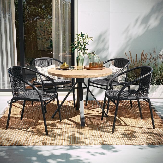 EMMA + OLIVER Set of 4 Modern Rattan Indoor/Outdoor Stack Chairs, Stacking Rattan Patio Chairs with Curved Back and Cross Bracing, Gray by EMMAOLIVER