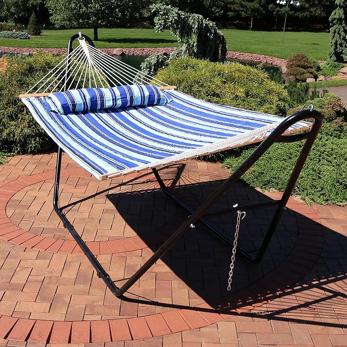 Sunnydaze Double Quilted Fabric Hammock with Universal Steel Stand - 450-Pound Capacity - Black Stand - Catalina Beach - Image 7