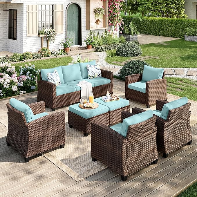 Patio Furniture Set, 7 Pcs Wicker Rattan Outdoor Conversation Set, 4 x Leg Chairs, 1 x 3 Seater Sofa and 2 x Ottoman with 4" Thick Cushion for Garden Backyard Deck, Blue