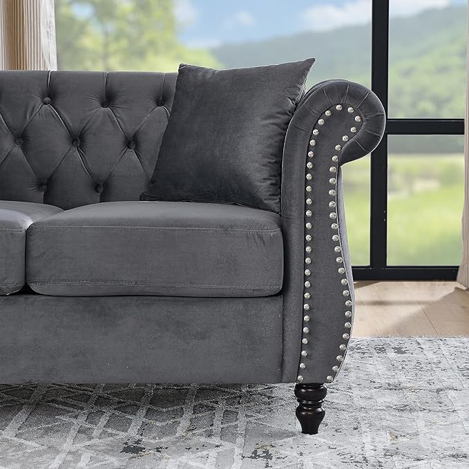 KEIKI Chesterfield Sofa, Retro Style Upholstered 3+3 Seats Velvet Couch with Rolled Arm for Living Room Bedroom Office, Grey