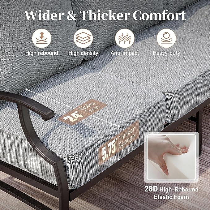 5 Piece Metal Outdoor Patio Furniture Sets, Patio Conversation Sets 1 3-Seater Sofa, 2 Swivel Chairs, 2 Ottomans with 5.75" Thick Cushion, Black All-Weather Backyard Furniture, Gray